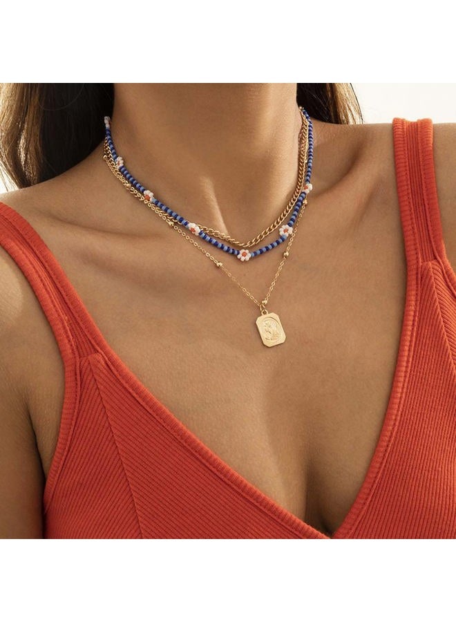 deladola Boho Beaded Layered Choker Necklaces Gold Ancient Pendant Necklace Beach Beaded Flower Chokers Necklace African Jewelry for Women and Girls (A), size - Image 2