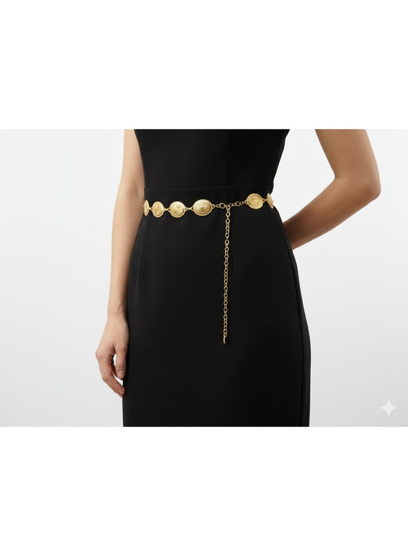 Elegant Gold-Tone Chain Belt for Women, Stainless Steel with Vintage Pattern Engravings. - Image 2