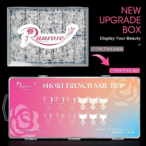 Ranrose 600PCS Short French Style False Nails Half Cover Nails Tips,White Short Acrylic Extension Finger Nail 12 Sizes with Box - Image 2