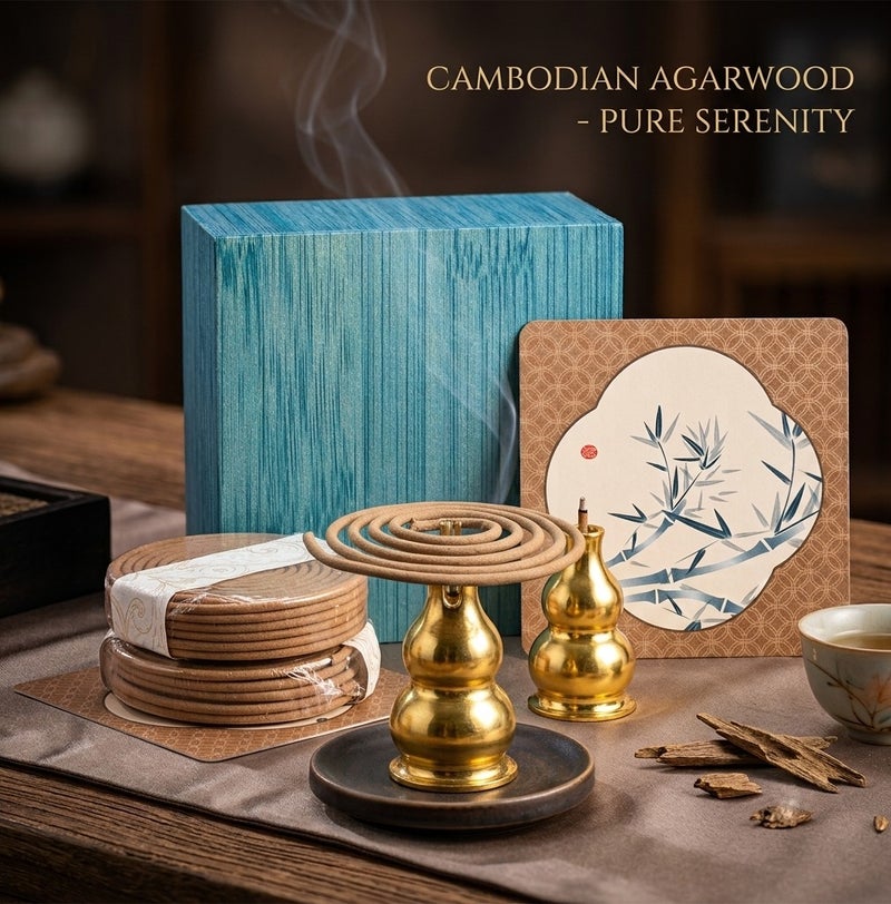 Bakhoor BoSidin Premium Cambodian Agarwood Coil Incense Gift Set – 20 Pcs Natural Oud Incense Coils with Golden Gourd Burner Holder, 2-Hour Burn Time for each coil, Luxury Turquoise Bamboo Texture Gift Box for Meditation, Yoga and Relaxation - Image 1
