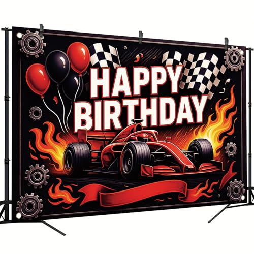 Saoplasa Racing Car Birthday Backdrop Banner – High-Speed Motorsport Party Decorations, Photo Booth Background, Sleek Race Car with Flames, Checkered Flags and Balloons, 71x43 Inch - Image 3