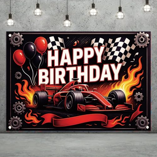 Saoplasa Racing Car Birthday Backdrop Banner – High-Speed Motorsport Party Decorations, Photo Booth Background, Sleek Race Car with Flames, Checkered Flags and Balloons, 71x43 Inch - Image 2