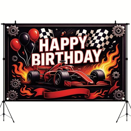 Saoplasa Racing Car Birthday Backdrop Banner – High-Speed Motorsport Party Decorations, Photo Booth Background, Sleek Race Car with Flames, Checkered Flags and Balloons, 71x43 Inch - Image 4