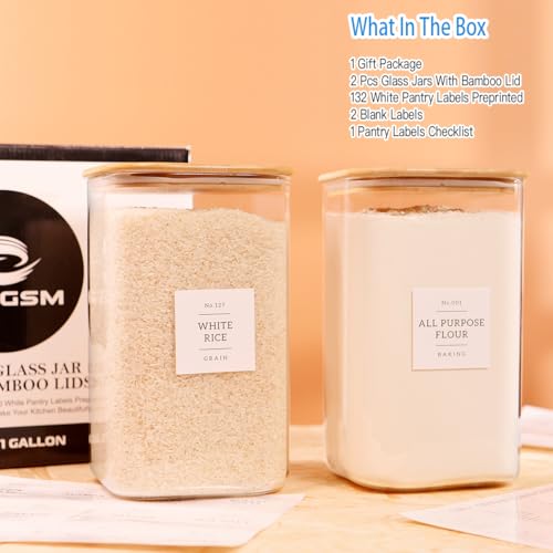 CZZGSM 2 Pack Square Glass Flour and Sugar Containers with 132 Kitchen Pantry Labels Thicken 149 FL OZ Large Glass Storage Jars with Airtight Bamboo Lid Big Food Canisters for Rice Pasta Cookie - Image 3