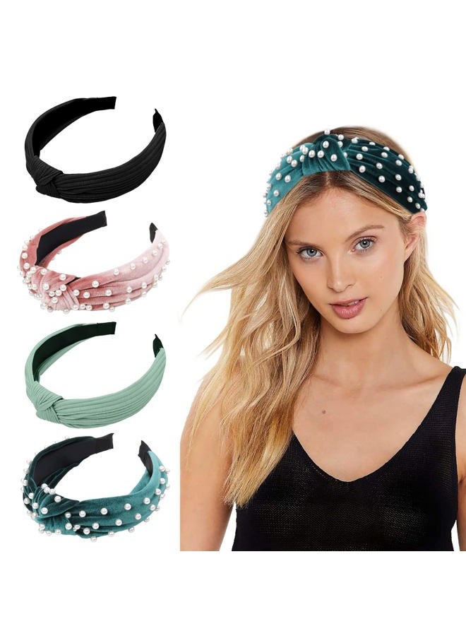 WOVOWOVO Headbands for Women Girls Knotted Wide Pearl Head Band Top Knot Head Bands for Women's Hair Thick Headband Velvet Hairbands 4Pcs - Image 1