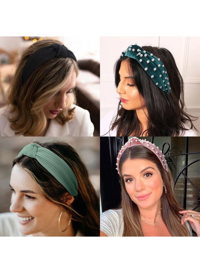 WOVOWOVO Headbands for Women Girls Knotted Wide Pearl Head Band Top Knot Head Bands for Women's Hair Thick Headband Velvet Hairbands 4Pcs - Image 4