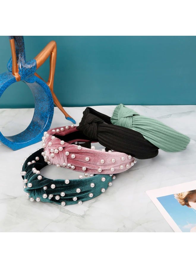 WOVOWOVO Headbands for Women Girls Knotted Wide Pearl Head Band Top Knot Head Bands for Women's Hair Thick Headband Velvet Hairbands 4Pcs - Image 5