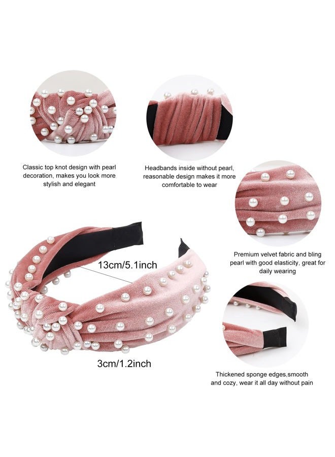 WOVOWOVO Headbands for Women Girls Knotted Wide Pearl Head Band Top Knot Head Bands for Women's Hair Thick Headband Velvet Hairbands 4Pcs - Image 2