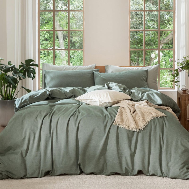MooMee Bedding Duvet Cover Set 100 Washed Cotton Linen Like Textured Breathable Durable Soft Comfy Heathered Green Full 80x90
