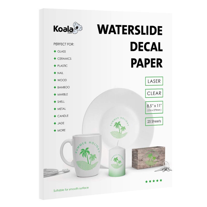 KOALA PAPER Koala Waterslide Decal Paper for Laser Printer - Clear Transparent - 25 Sheets Printable Water Slide Transfer Paper - 8.5x11 Inches - Image 1