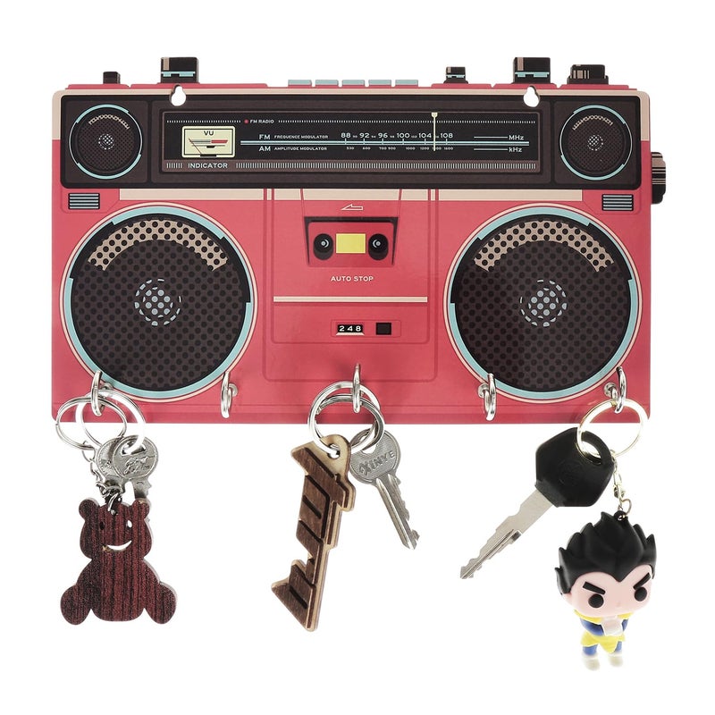 Brand - Solimo Solimo Designer Wall Mount Wooden Key Holder for Home Radio Design 5 Hooks - Image 1