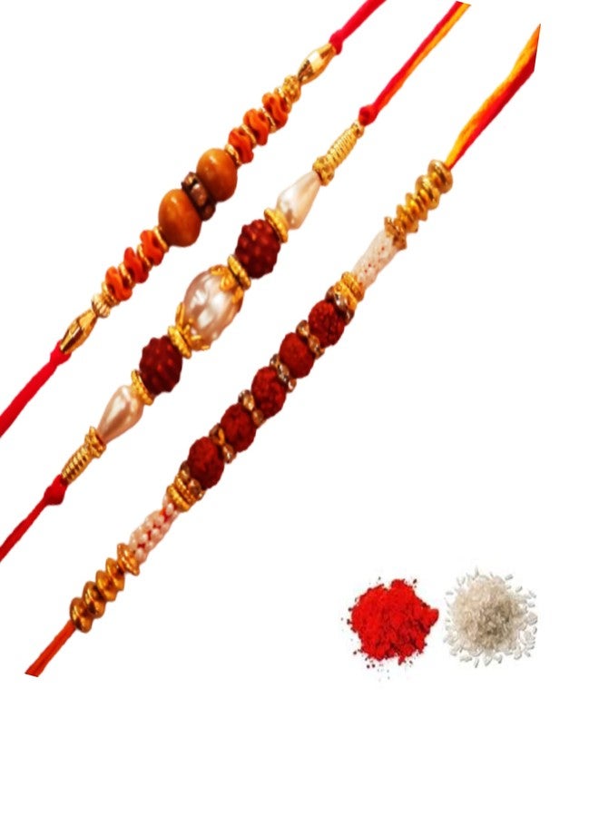 CRAFTOMANIC لؤلؤ فاخر تقليدي، Rudraksh Multi Designer Rakhi للأخ، Raksha Bandhan Rakhi مع Roli TilakPearl Rakhi للرجال والأولاد/مجموعة Dora Rakhi للأخ مع Roli Chawal