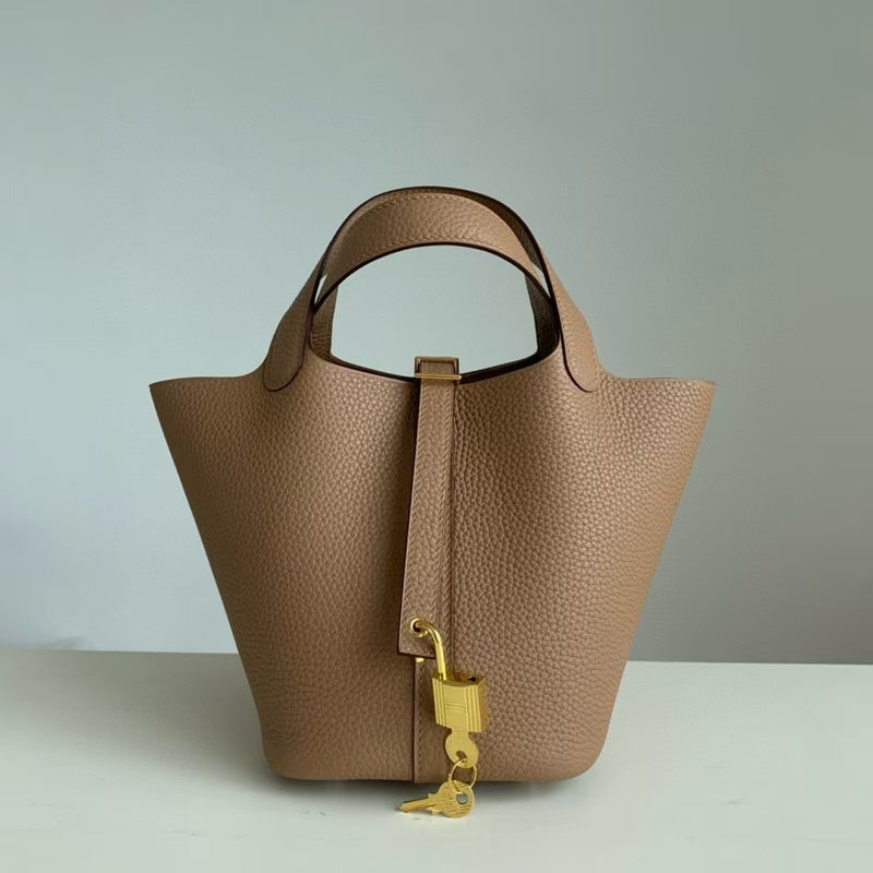 18cm Wax Line Hand Sewed TC Top Layer Cowhide Vegetable Basket Bag Bucket Bag Genuine Leather Womens Bag Handbag Biscuit color 