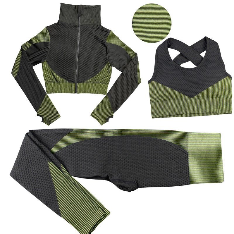 Striped Seamless Yoga Suit Long Pants Bra Set peacock green  - Image 4