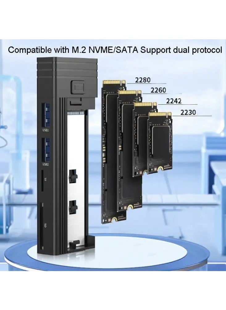 MULTIFUNCTION M.2 NVMe SSD Enclosure Adapter with 4 in 1 Hub, USB 3.2 Gen 2 10Gbps HDD Adapter MKey(B+M Key) SSD Reader, with 2 USB Port Support SD/TF Cardread, Support UASP Trim for 2242/2260/2280