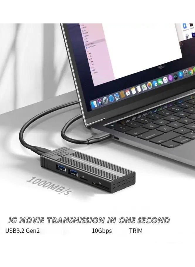 MULTIFUNCTION M.2 NVMe SSD Enclosure Adapter with 4 in 1 Hub, USB 3.2 Gen 2 10Gbps HDD Adapter MKey(B+M Key) SSD Reader, with 2 USB Port Support SD/TF Cardread, Support UASP Trim for 2242/2260/2280