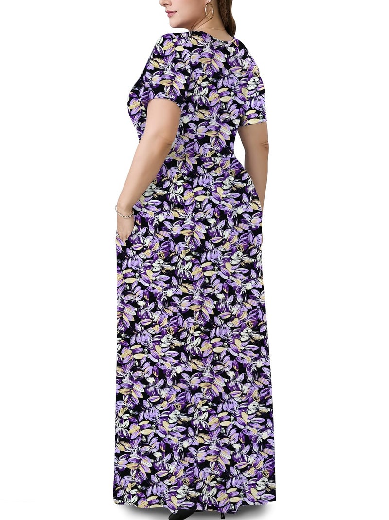 PEVRL Plus Size Maxi Dresses for Women Summer Casual Short Sleeve Long Dress with Pockets Rich Purple Leaves 5X - Image 3