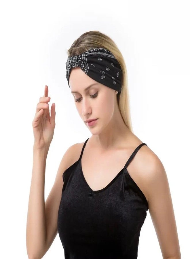 Future Tabs Paisley Print Wide Bandana Knot Headband - Black | Criss Cross Head Hair Wrap Cloth For Men & Women | Stretchable & Comfortable Headbands For Yoga, Jogging and Gym - Pack Of 1 - Image 3