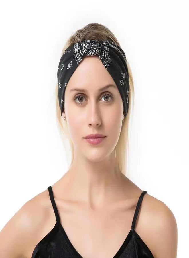 Future Tabs Paisley Print Wide Bandana Knot Headband - Black | Criss Cross Head Hair Wrap Cloth For Men & Women | Stretchable & Comfortable Headbands For Yoga, Jogging and Gym - Pack Of 1 - Image 2