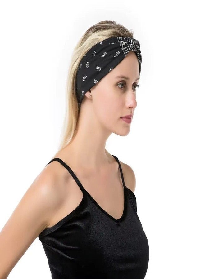 Future Tabs Paisley Print Wide Bandana Knot Headband - Black | Criss Cross Head Hair Wrap Cloth For Men & Women | Stretchable & Comfortable Headbands For Yoga, Jogging and Gym - Pack Of 1 - Image 4