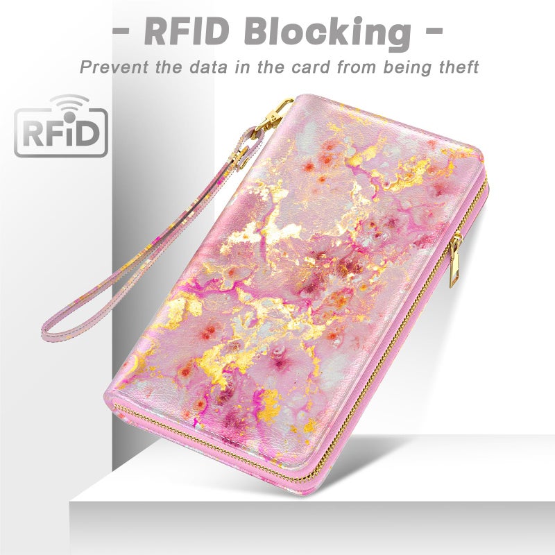 Aiawoxc Womens Wallet, RFID Wristlet Wallets for Women, Cute Ladies Clutch Purses, Large Leather Travel Card Holder with Zipper and Phone Holder, Gold Pink Marble - Image 5
