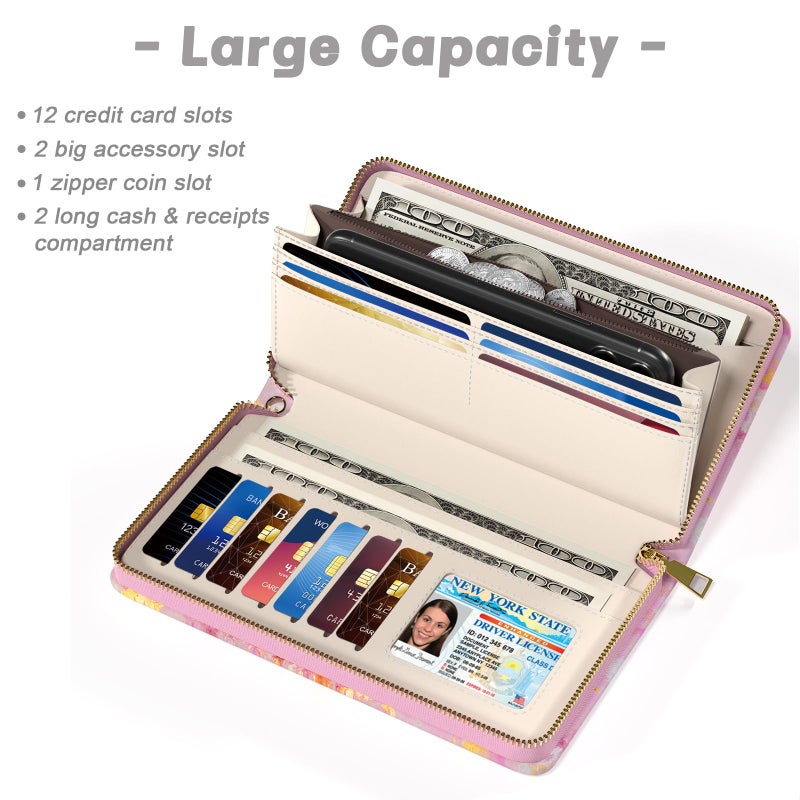 Aiawoxc Womens Wallet, RFID Wristlet Wallets for Women, Cute Ladies Clutch Purses, Large Leather Travel Card Holder with Zipper and Phone Holder, Gold Pink Marble - Image 3