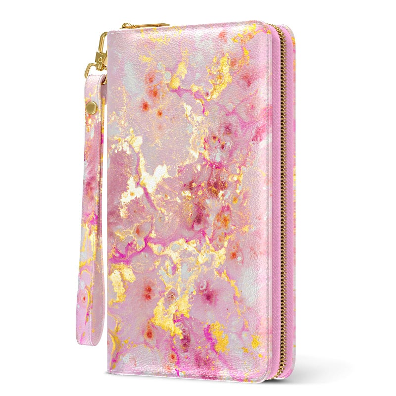 Aiawoxc Womens Wallet, RFID Wristlet Wallets for Women, Cute Ladies Clutch Purses, Large Leather Travel Card Holder with Zipper and Phone Holder, Gold Pink Marble - Image 1
