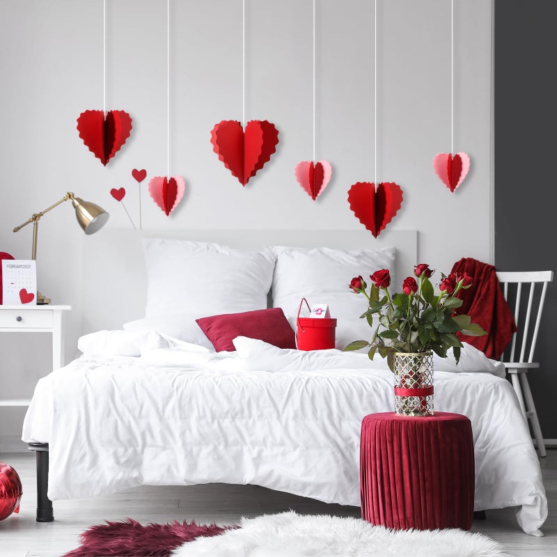 Epakh 6 Pcs Valentine's Day Large 3D Heart Shape Hanging Swirls Decorations 6" 8" 10" Wavy Edge Red Pink Hearts Garlands Ornament Paper Streamer for Wedding Anniversary Decor Ceiling Party Supplies - Image 5