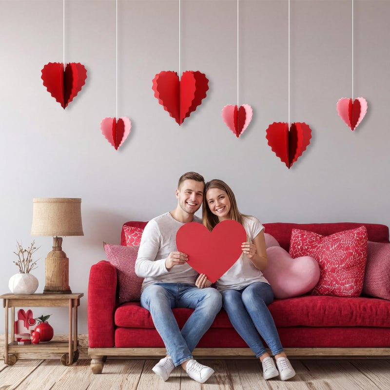 Epakh 6 Pcs Valentine's Day Large 3D Heart Shape Hanging Swirls Decorations 6" 8" 10" Wavy Edge Red Pink Hearts Garlands Ornament Paper Streamer for Wedding Anniversary Decor Ceiling Party Supplies - Image 4