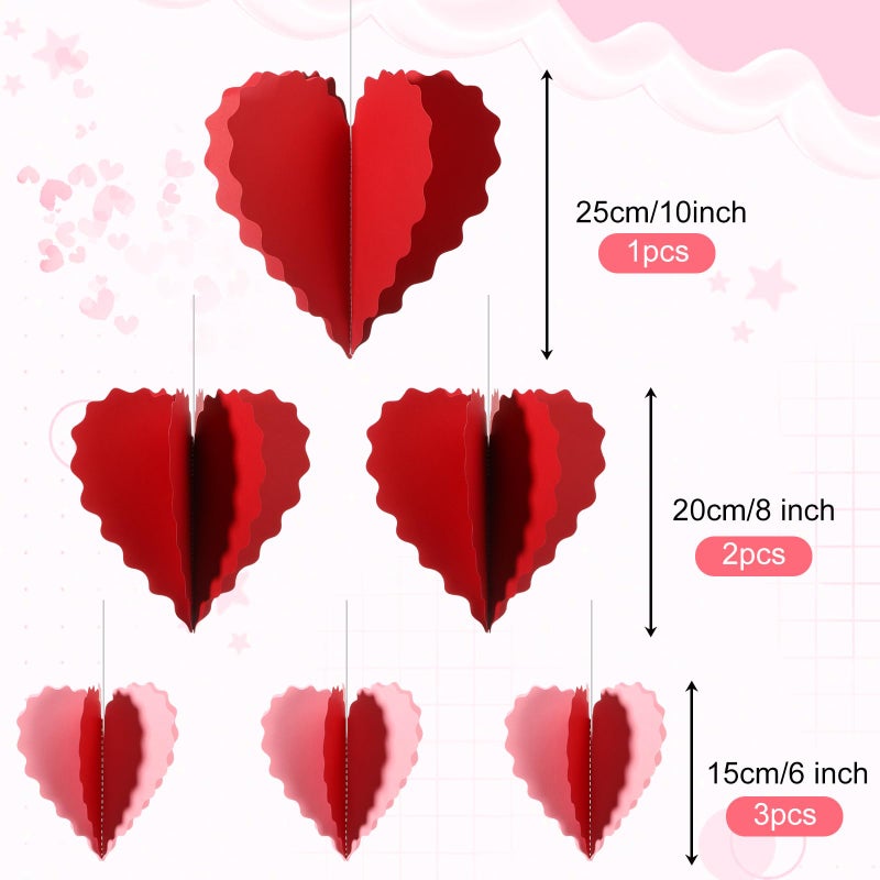Epakh 6 Pcs Valentine's Day Large 3D Heart Shape Hanging Swirls Decorations 6" 8" 10" Wavy Edge Red Pink Hearts Garlands Ornament Paper Streamer for Wedding Anniversary Decor Ceiling Party Supplies - Image 3