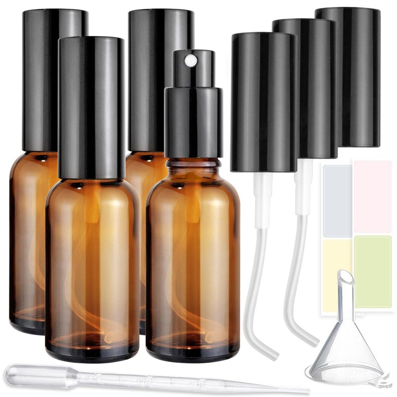 Showvigor 4-Pack 1oz/30ml Amber Glass Spray Bottles for Fine Mist | with 2 Extra Nozzles, Refillable Essential Oil, Toner, Hair Care & Cleaning Solutions Bottles Set | Leak-Proof, UV Protection - Image 1