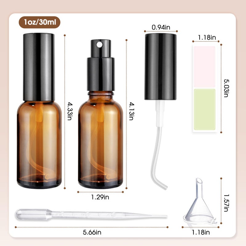 Showvigor 4-Pack 1oz/30ml Amber Glass Spray Bottles for Fine Mist | with 2 Extra Nozzles, Refillable Essential Oil, Toner, Hair Care & Cleaning Solutions Bottles Set | Leak-Proof, UV Protection - Image 2