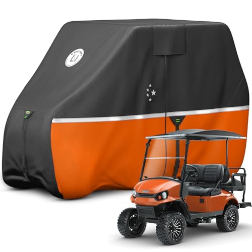 LI LIBZAKI 2+2/4 Passenger Golf Cart Cover Fits EZGO, Club Car, Yamaha, 420D Waterproof Windproof Sunproof Outdoor All-Weather Full Cover -Black/Orange-L - Image 1