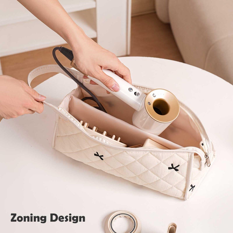 Gihunk Quilted Travel Case Compatible, Cotton Floral Carrying Storage Bag for Hair Dryer and Attachments, Cute Portable Organizer with Handle (Beige) - Image 3