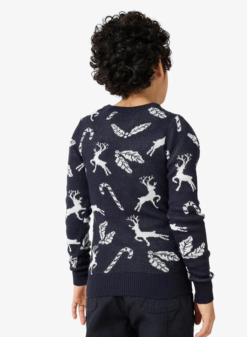 جاك وجونز جونيور تيشيرت برقبة دائرية للأطفال بتصميم عيد الميلاد