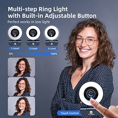 VITADE Streaming Webcam with Adjustable Ring Light, Full HD 1080P Webcam with Dual Microphones and Advanced Auto-Focus,Pro Web Camera for Online Learning, Zoom Meeting Skype Teams, Gaming Laptop - Image 4