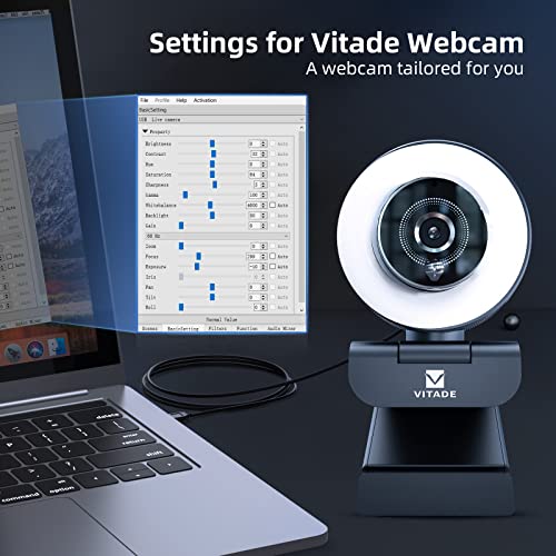 VITADE Streaming Webcam with Adjustable Ring Light, Full HD 1080P Webcam with Dual Microphones and Advanced Auto-Focus,Pro Web Camera for Online Learning, Zoom Meeting Skype Teams, Gaming Laptop - Image 3