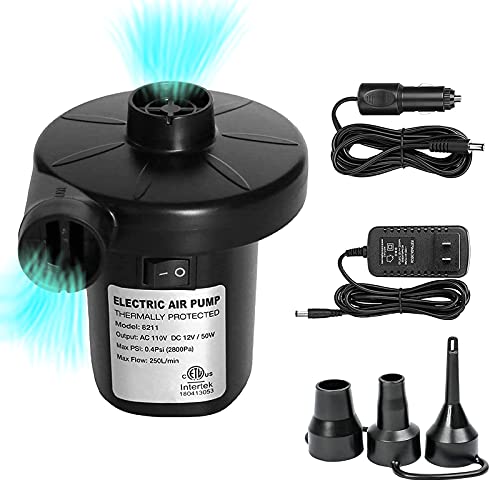 KERUITA Electric Air Pump, Portable Quick-Fill Inflator/Deflator Pump 110V AC/12V DC with 3 Nozzles for Air Mattress Bed, Boat, Pool Float - Image 1