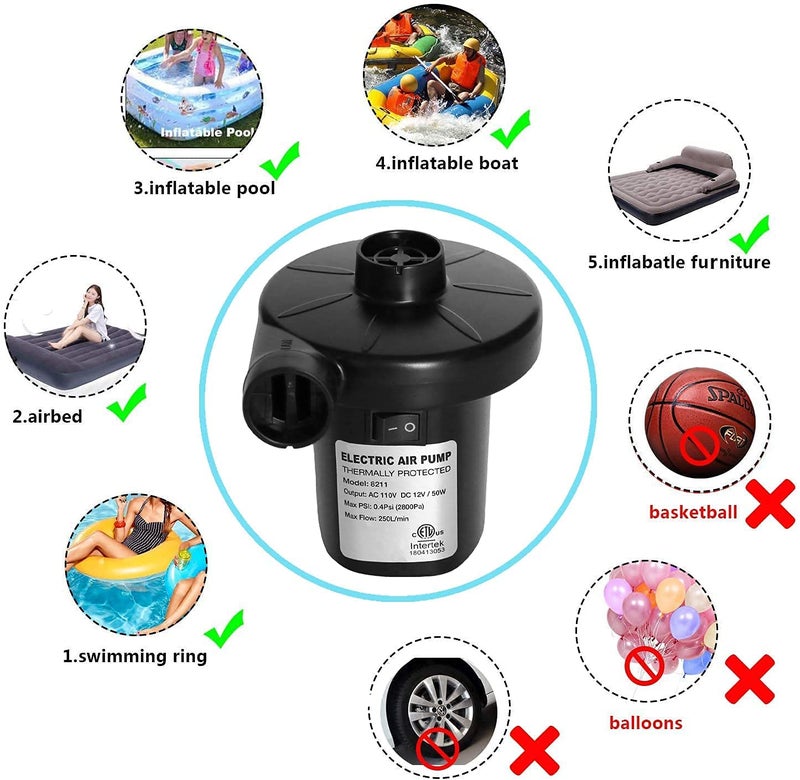 KERUITA Electric Air Pump, Portable Quick-Fill Inflator/Deflator Pump 110V AC/12V DC with 3 Nozzles for Air Mattress Bed, Boat, Pool Float - Image 3