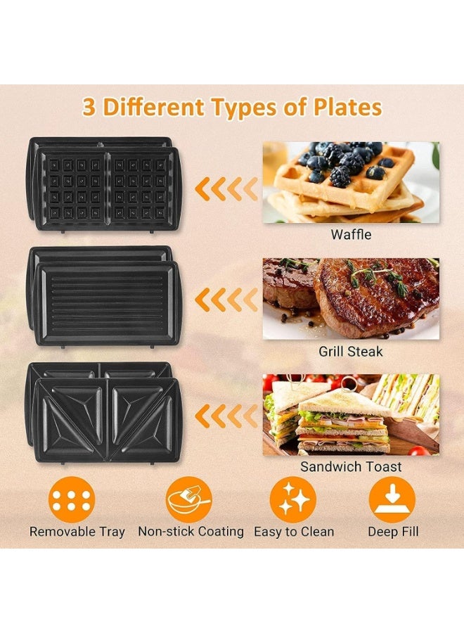 MUNTAQI 3-in-1 Waffle Maker with Removable Plates – Sandwich, Panini & Belgian Waffle Maker Machine, Non-Stick Grill Press with Indicator Lights, Compact Breakfast Maker for Home Kitchen, Easy to Clean - Image 5