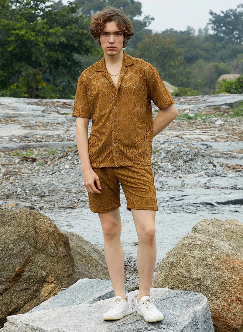 Campus Sutra Men's Caramel Brown Boho Knit Co-Ord Set
