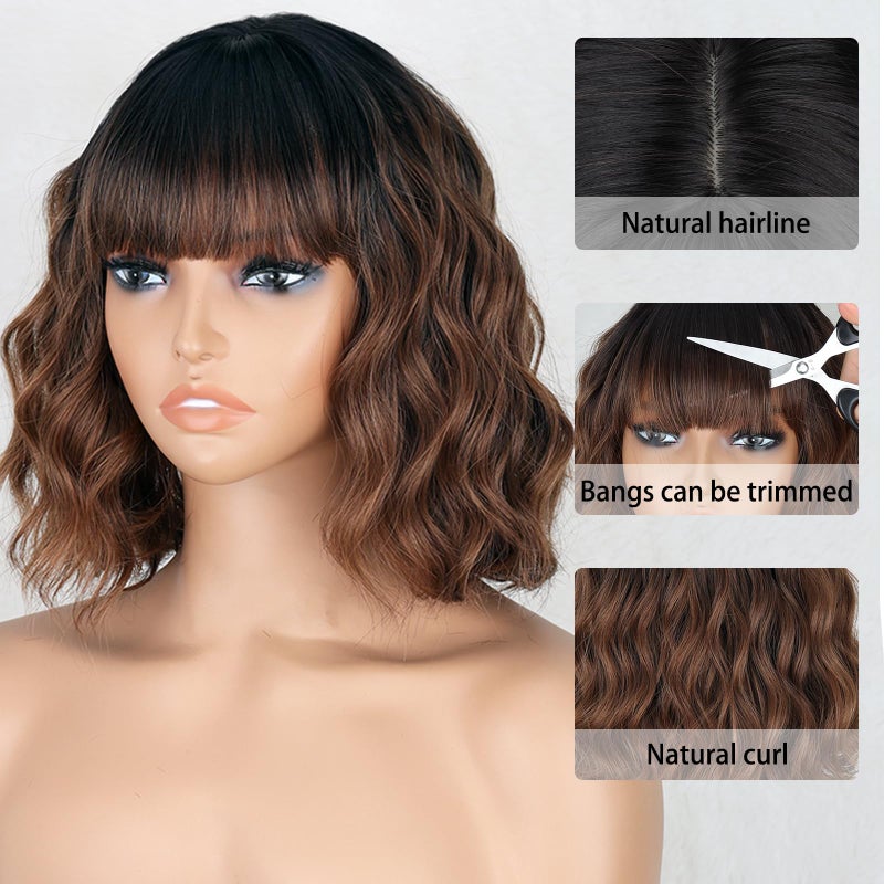 MISSQUEEN Short Brown Wig with Bangs for Women Shoulder Length Bob Curly Women's Charming Synthetic Black to Brown Wigs Natural Wavy Heat Resistant Hair for Daily Party Use - Image 3