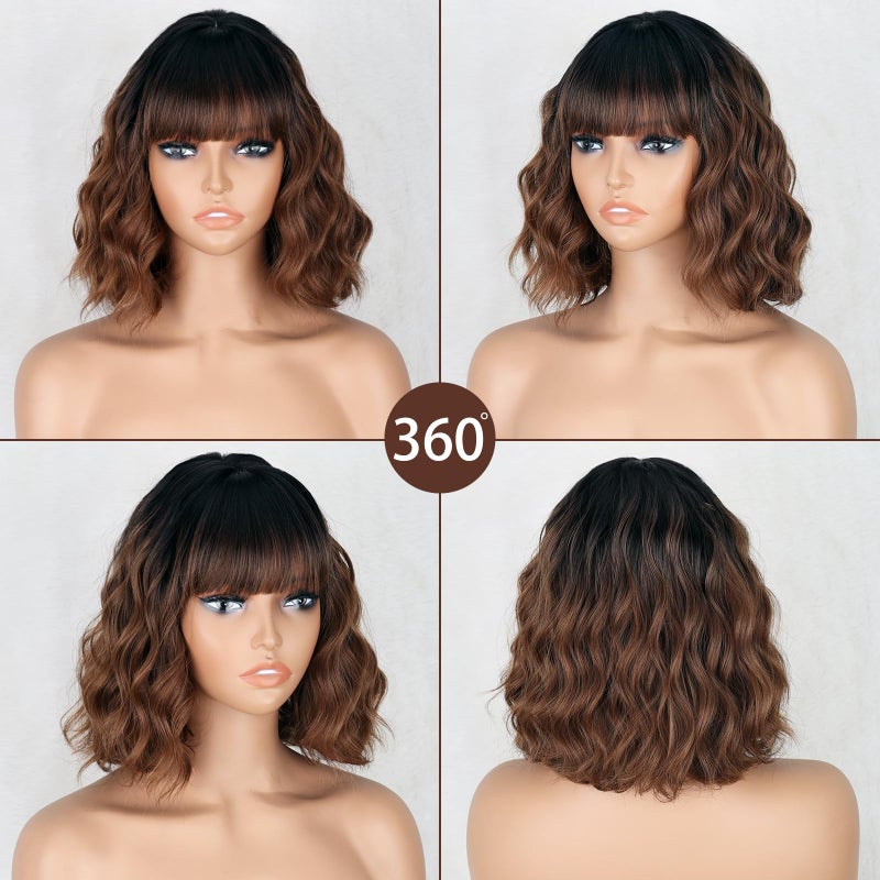 MISSQUEEN Short Brown Wig with Bangs for Women Shoulder Length Bob Curly Women's Charming Synthetic Black to Brown Wigs Natural Wavy Heat Resistant Hair for Daily Party Use - Image 4