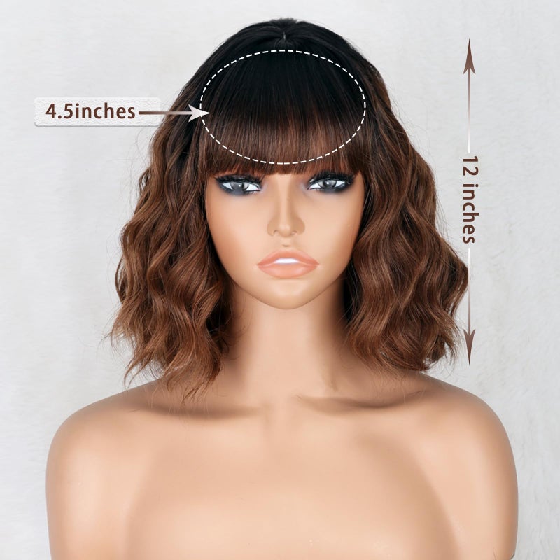 MISSQUEEN Short Brown Wig with Bangs for Women Shoulder Length Bob Curly Women's Charming Synthetic Black to Brown Wigs Natural Wavy Heat Resistant Hair for Daily Party Use - Image 2