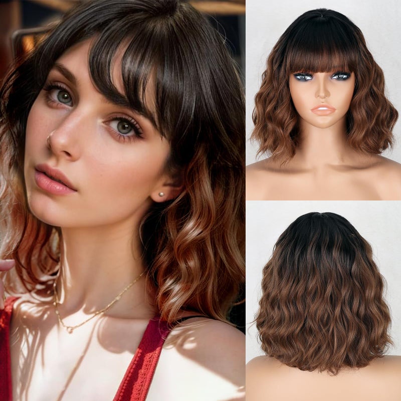 MISSQUEEN Short Brown Wig with Bangs for Women Shoulder Length Bob Curly Women's Charming Synthetic Black to Brown Wigs Natural Wavy Heat Resistant Hair for Daily Party Use - Image 1
