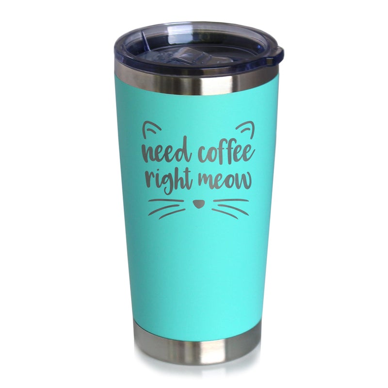 Bevvee Bevvee Need Coffee Right Meow  Insulated Coffee Tumbler Cup with Sliding Lid  Stainless Steel Insulated Mug  Cat Themed Coffee Gifts  Teal 