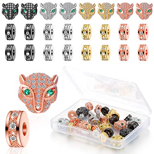 Hicarer 32 Pieces Leopard Head Beads Animal Rhinestone Spacer Beads Large Hole Panther Head Pendant Charms Connector Beads for DIY Bracelet Necklace Earrings Jewelry Making (Gold, Silver, Rose Gold, Black) - Image 1