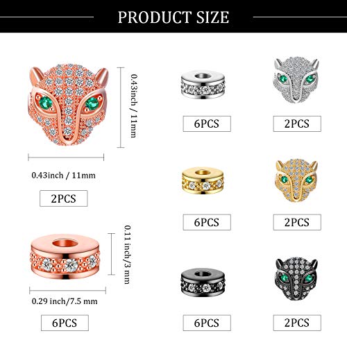 Hicarer 32 Pieces Leopard Head Beads Animal Rhinestone Spacer Beads Large Hole Panther Head Pendant Charms Connector Beads for DIY Bracelet Necklace Earrings Jewelry Making (Gold, Silver, Rose Gold, Black) - Image 2