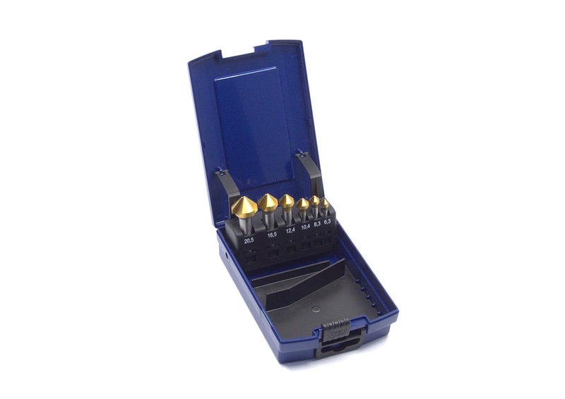 WSH-Tools.de Countersink Set 6 pieces HSSE-Co5 90° DIN 335C TiN coated uneven pitch (chatter-free) in rose box - Image 1