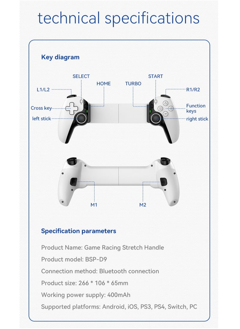 Generic - D9 Mobile Game Controller Telescopic Gamepad For Android IOS PS3 PS4 Switch ios HAll Joysitck with Turbo/6-axis Gyro/Vibration (Black) - Image 1